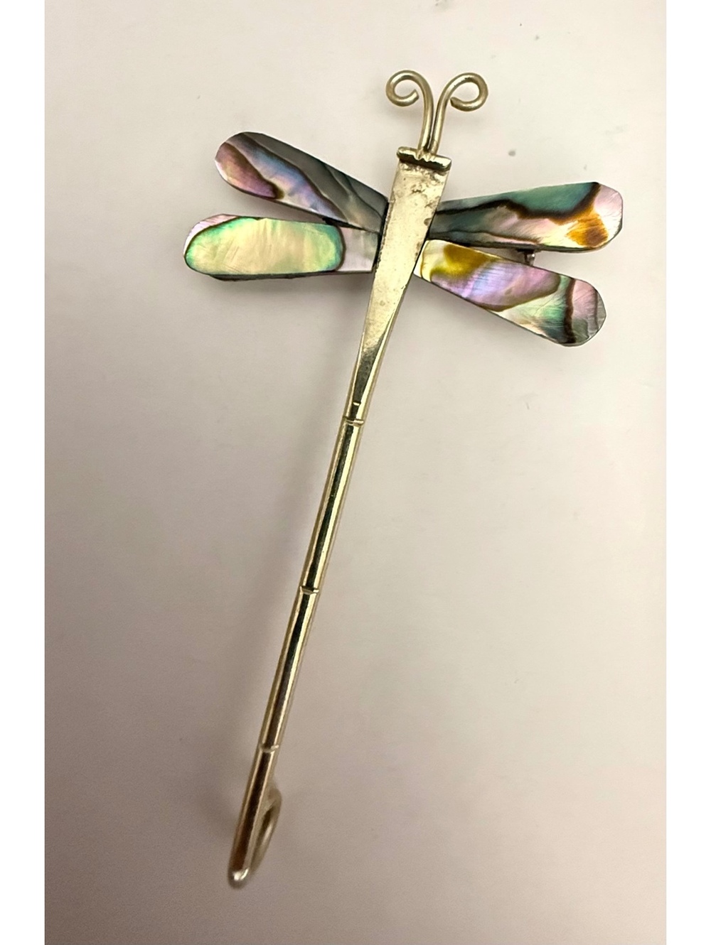 Vintage Taxco Artisan Silver Hand Carved Abalone Shell Dragonfly Brooch Pin